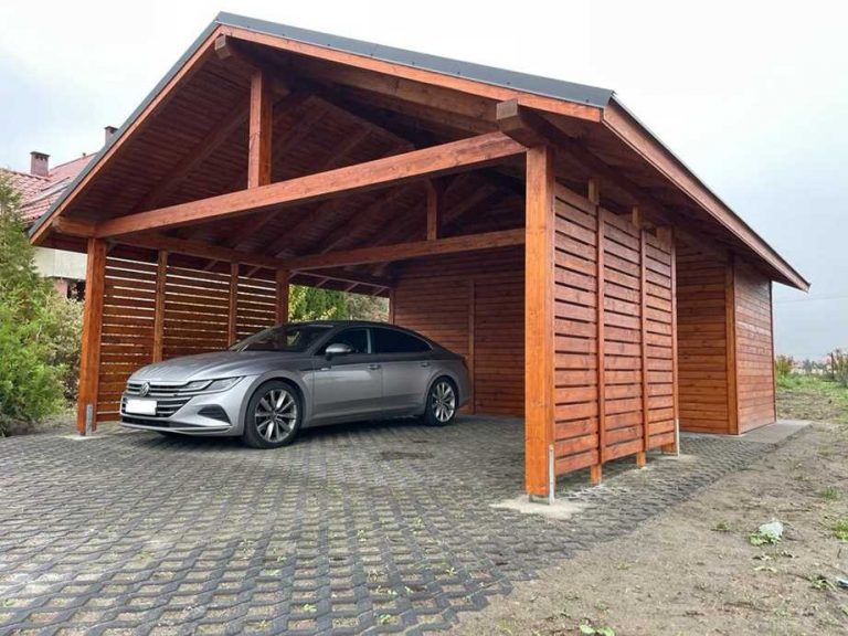 wiata-drewniana-dwuspadowa wiata garażowa dwustanowiskowa z pomieszczeniem gospodarczym